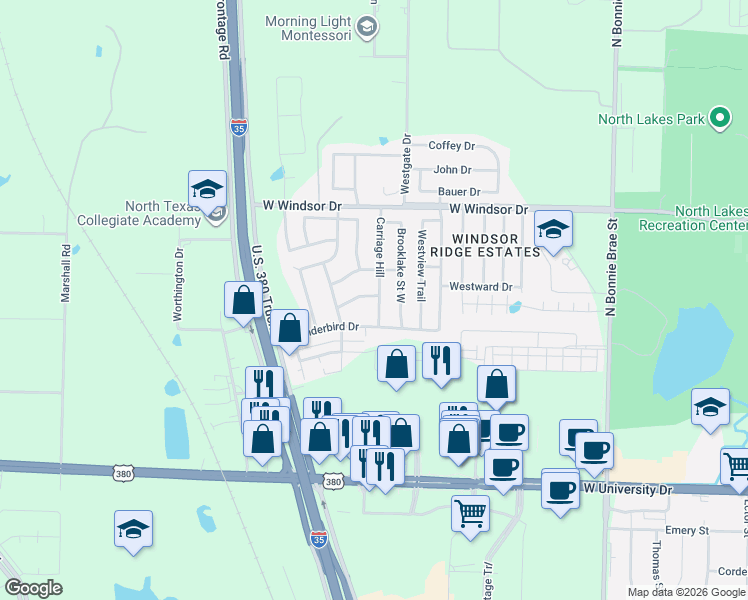 map of restaurants, bars, coffee shops, grocery stores, and more near 2900 Lakewood Drive in Denton