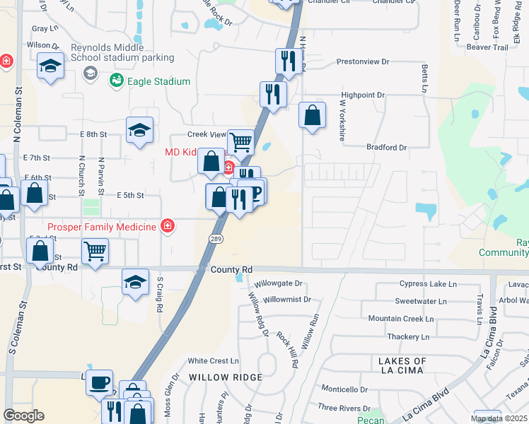 map of restaurants, bars, coffee shops, grocery stores, and more near 130 North Preston Road in Prosper