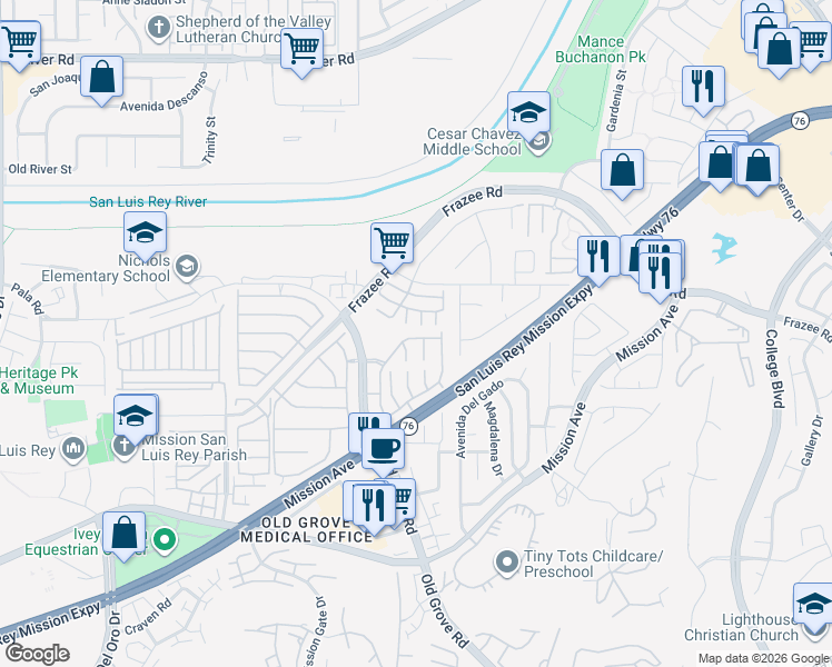map of restaurants, bars, coffee shops, grocery stores, and more near 4478 Silver Birch Way in Oceanside