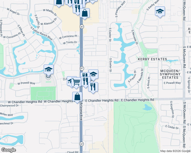 map of restaurants, bars, coffee shops, grocery stores, and more near 205 East Mead Drive in Chandler