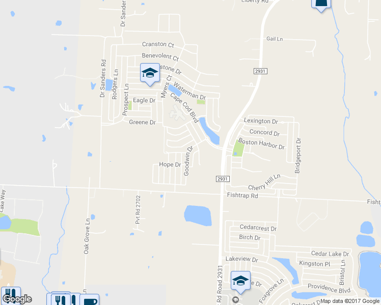 map of restaurants, bars, coffee shops, grocery stores, and more near 1732 Goodwin Drive in Aubrey