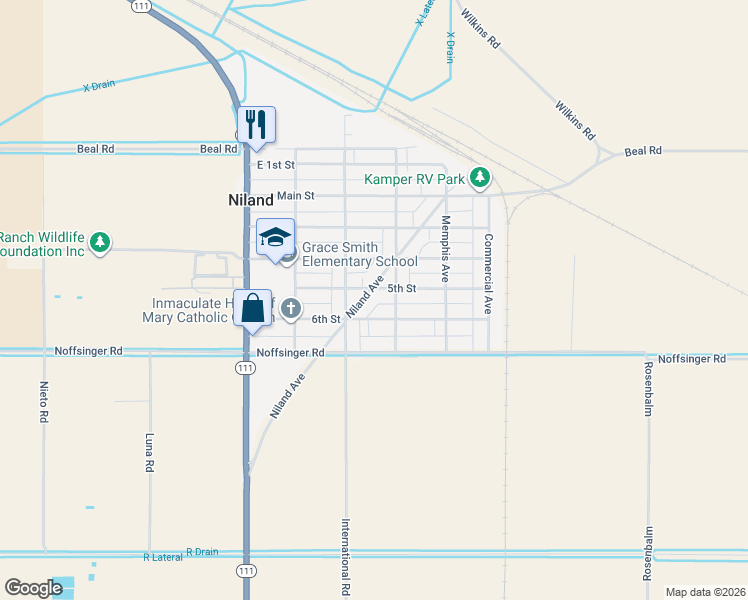 map of restaurants, bars, coffee shops, grocery stores, and more near 86-98 Niland Ave in Niland