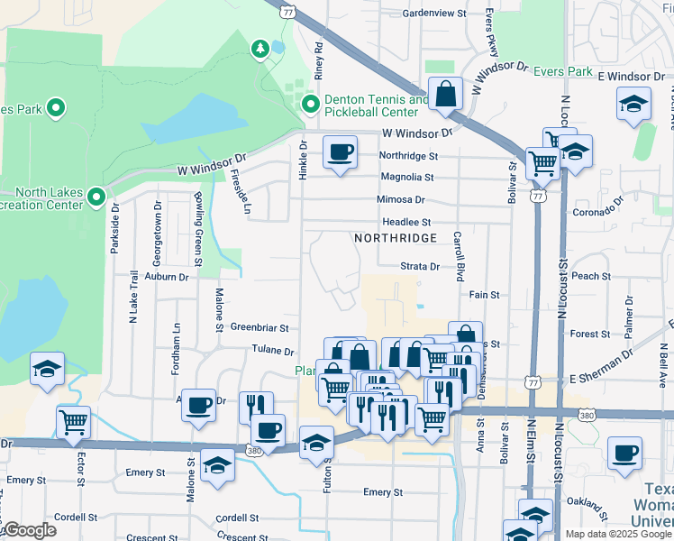 map of restaurants, bars, coffee shops, grocery stores, and more near 2500 Hinkle Drive in Denton