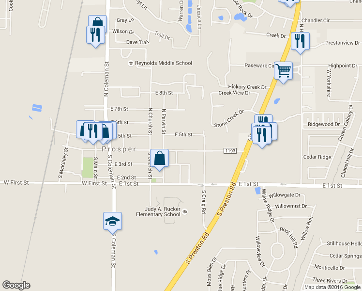 map of restaurants, bars, coffee shops, grocery stores, and more near 601 East Broadway Street in Prosper