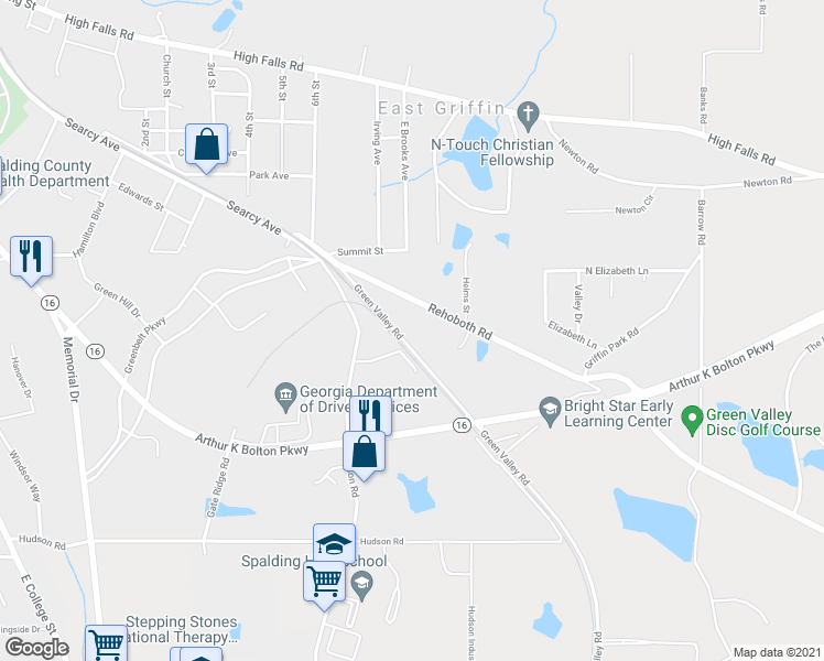 map of restaurants, bars, coffee shops, grocery stores, and more near 117 Green Valley Road in Griffin