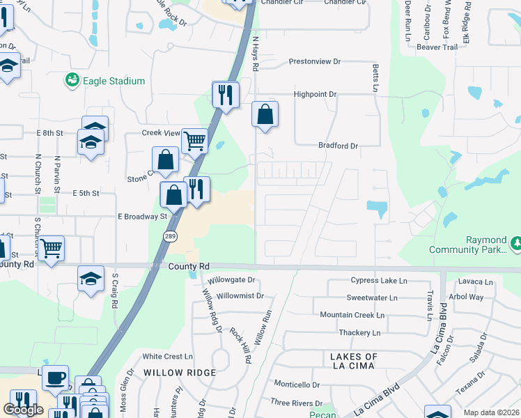 map of restaurants, bars, coffee shops, grocery stores, and more near 201 North Ridge Trail in Prosper