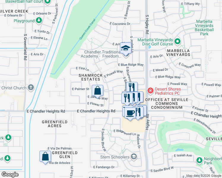 map of restaurants, bars, coffee shops, grocery stores, and more near 6252 South Tucana Lane in Gilbert