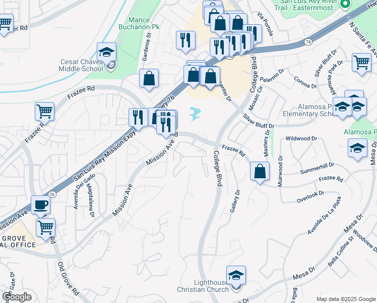 map of restaurants, bars, coffee shops, grocery stores, and more near 4705 Frazee Road in Oceanside
