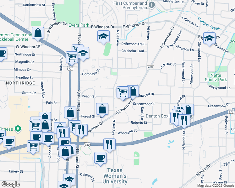 map of restaurants, bars, coffee shops, grocery stores, and more near 2400 North Bell Avenue in Denton