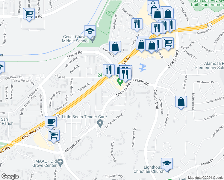 map of restaurants, bars, coffee shops, grocery stores, and more near 4737 Lagunita Way in Oceanside