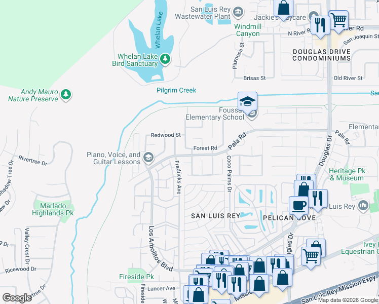 map of restaurants, bars, coffee shops, grocery stores, and more near 3663 Forest Road in Oceanside