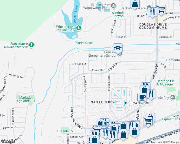 map of restaurants, bars, coffee shops, grocery stores, and more near 3663 Forest Road in Oceanside