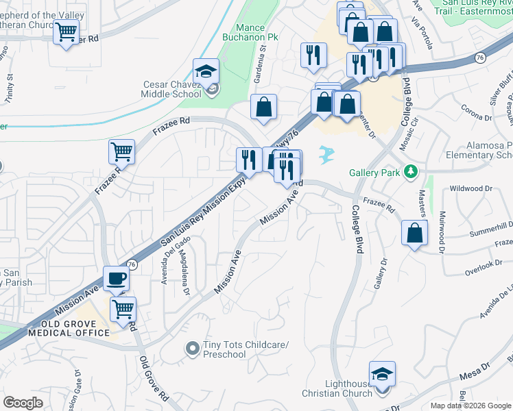 map of restaurants, bars, coffee shops, grocery stores, and more near 4737 Lagunita Way in Oceanside