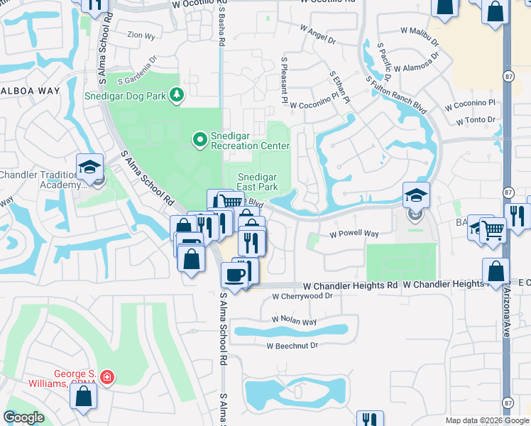 map of restaurants, bars, coffee shops, grocery stores, and more near 4777 South Fulton Ranch Boulevard in Chandler