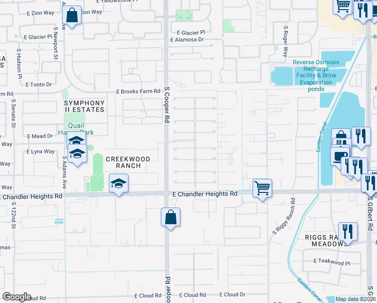 map of restaurants, bars, coffee shops, grocery stores, and more near 2109 East Lynx Place in Chandler