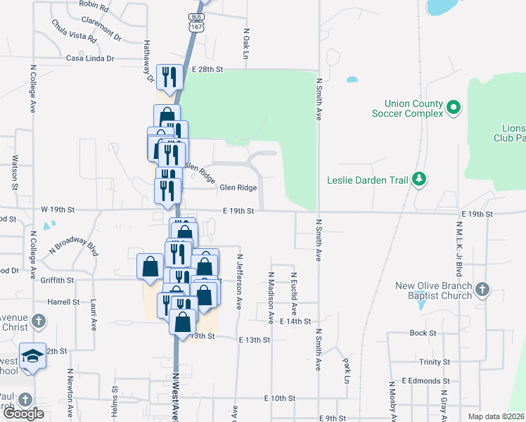 map of restaurants, bars, coffee shops, grocery stores, and more near 401 East 19th Street in El Dorado