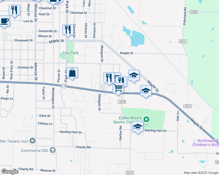 map of restaurants, bars, coffee shops, grocery stores, and more near 720 Culver Street in Commerce