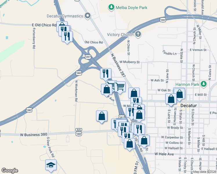 map of restaurants, bars, coffee shops, grocery stores, and more near 303 U.S. 287 in Decatur