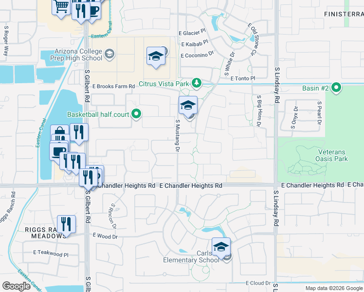 map of restaurants, bars, coffee shops, grocery stores, and more near 3491 East Lynx Place in Chandler