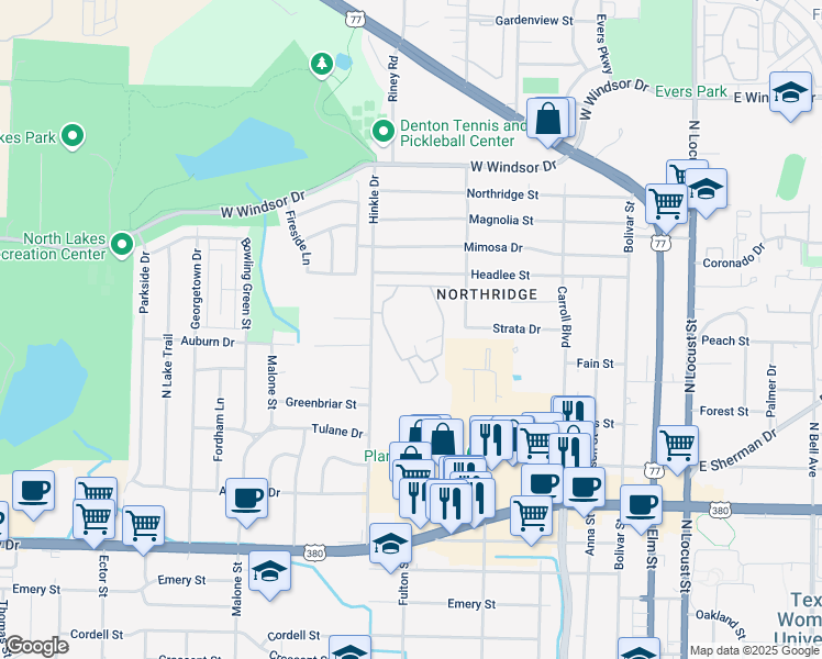 map of restaurants, bars, coffee shops, grocery stores, and more near 2500 Hinkle Drive in Denton