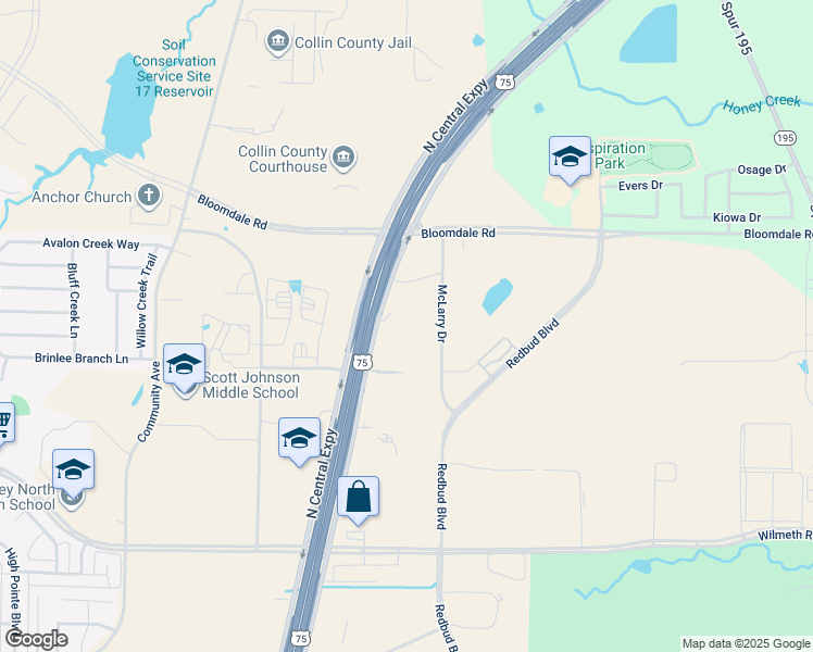 map of restaurants, bars, coffee shops, grocery stores, and more near 3774 North Central Expressway in McKinney