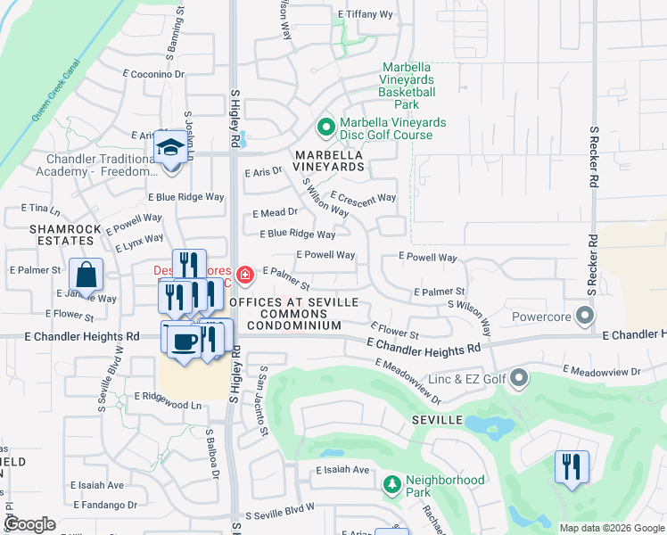 map of restaurants, bars, coffee shops, grocery stores, and more near 3430 East Packard Drive in Gilbert