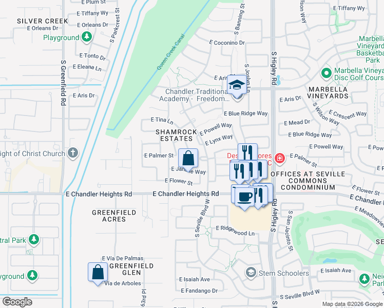 map of restaurants, bars, coffee shops, grocery stores, and more near 6233 South Rochester Drive in Gilbert