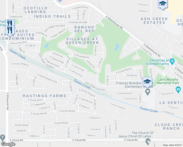 map of restaurants, bars, coffee shops, grocery stores, and more near 21418 East Camina Plata Court in Queen Creek