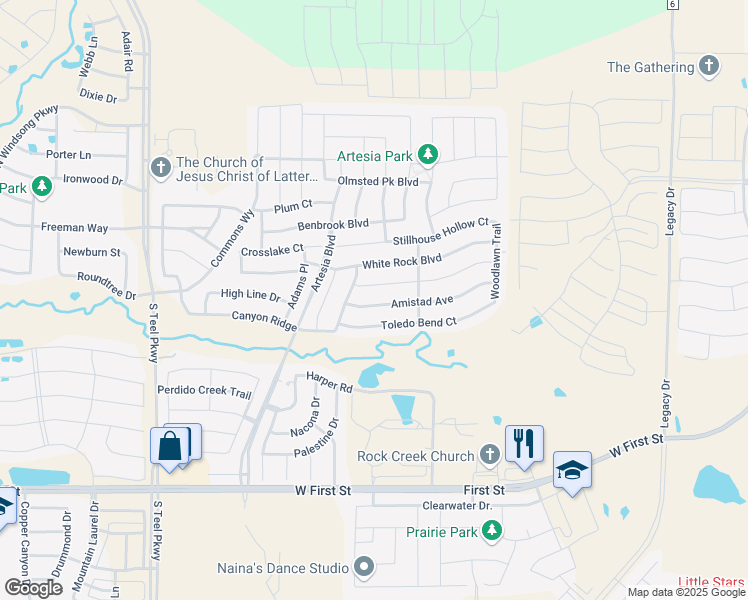 map of restaurants, bars, coffee shops, grocery stores, and more near 16325 Amistad Avenue in Prosper