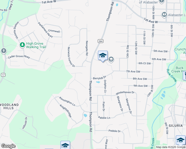 map of restaurants, bars, coffee shops, grocery stores, and more near 109 Berryhill Circle in Alabaster