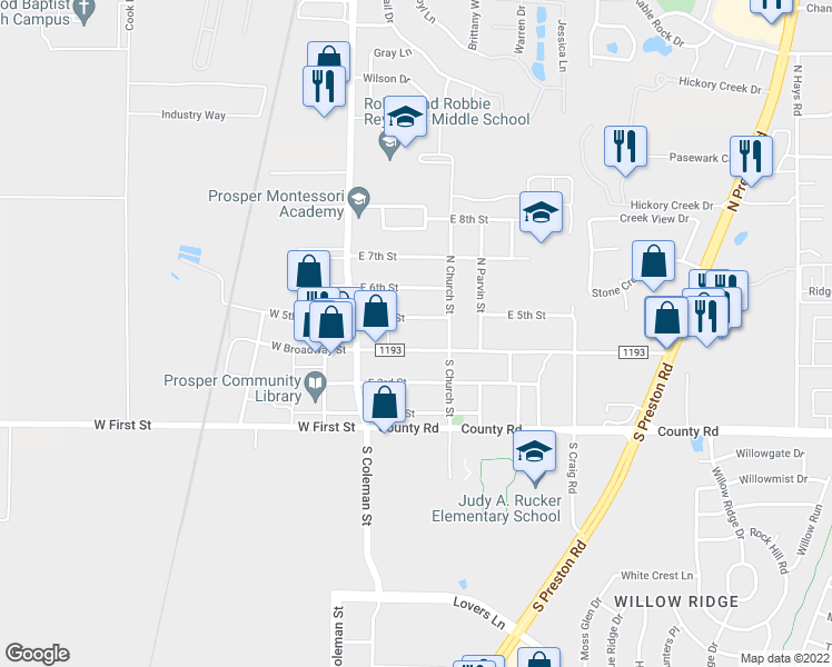 map of restaurants, bars, coffee shops, grocery stores, and more near 210 East 5th Street in Prosper