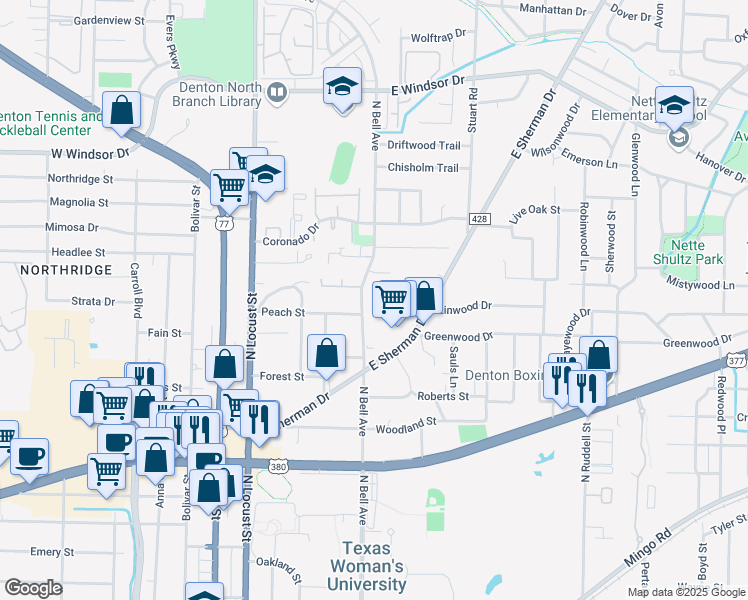 map of restaurants, bars, coffee shops, grocery stores, and more near 2400 North Bell Avenue in Denton