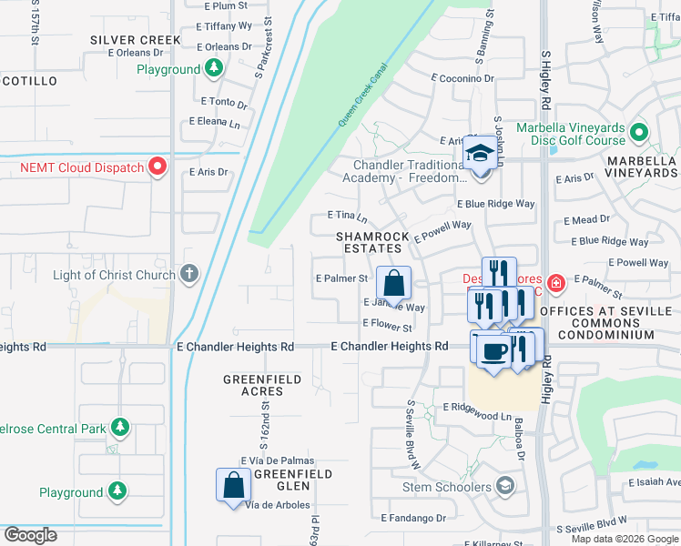 map of restaurants, bars, coffee shops, grocery stores, and more near 2757 East Powell Way in Gilbert