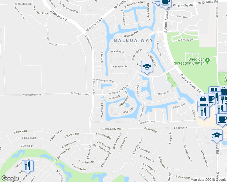 map of restaurants, bars, coffee shops, grocery stores, and more near 1821 West Havasu Way in Chandler