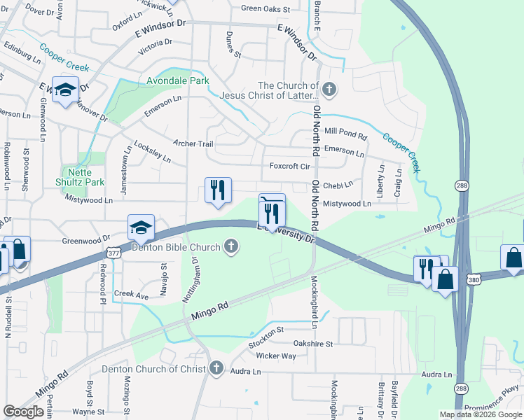 map of restaurants, bars, coffee shops, grocery stores, and more near 2351 East University Drive in Denton