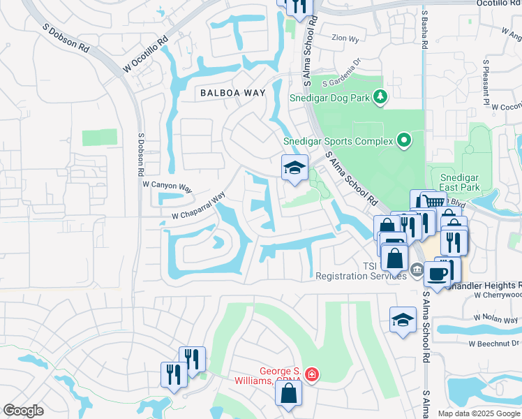 map of restaurants, bars, coffee shops, grocery stores, and more near 1552 West Mead Court in Chandler