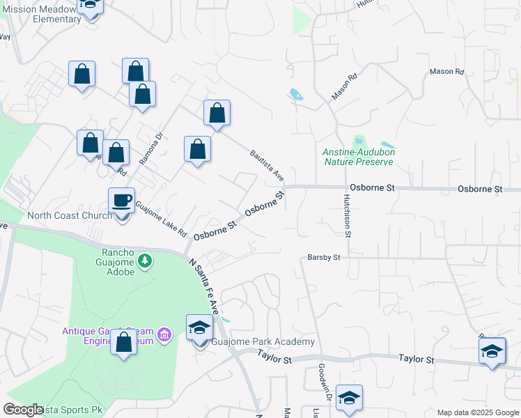 map of restaurants, bars, coffee shops, grocery stores, and more near 291 Osborne Street in Vista