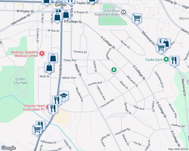map of restaurants, bars, coffee shops, grocery stores, and more near 402 Terrace Street in Griffin