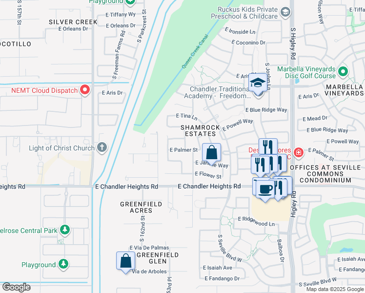 map of restaurants, bars, coffee shops, grocery stores, and more near 2757 East Powell Way in Gilbert