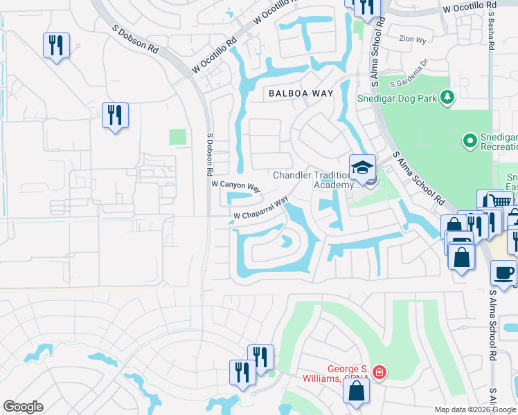 map of restaurants, bars, coffee shops, grocery stores, and more near 1821 West Havasu Way in Chandler