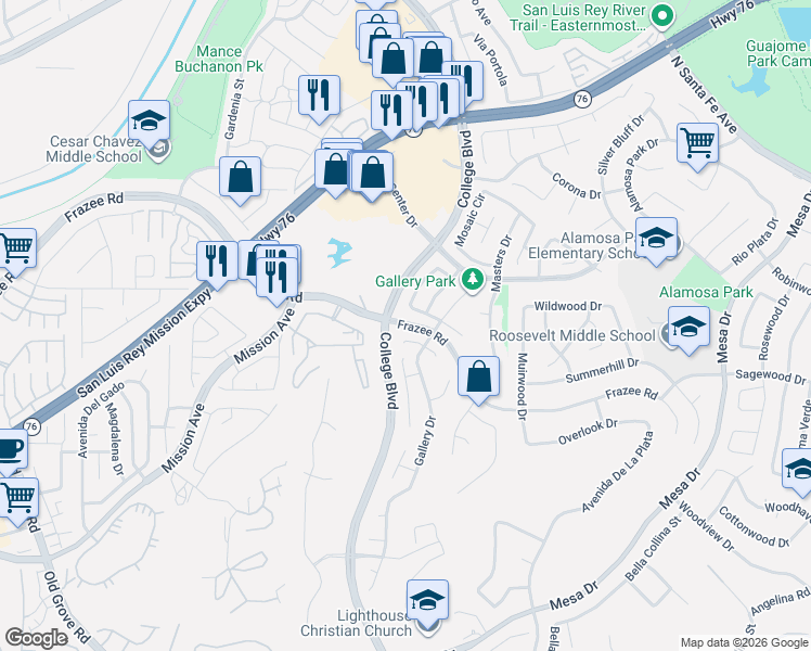 map of restaurants, bars, coffee shops, grocery stores, and more near 4699 Frazee Road in Oceanside