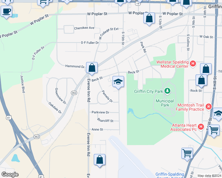 map of restaurants, bars, coffee shops, grocery stores, and more near 825 Charles Circle in Griffin