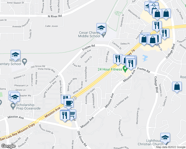 map of restaurants, bars, coffee shops, grocery stores, and more near 4458 Estada Drive in Oceanside