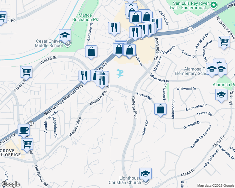 map of restaurants, bars, coffee shops, grocery stores, and more near 4795 Frazee Road in Oceanside