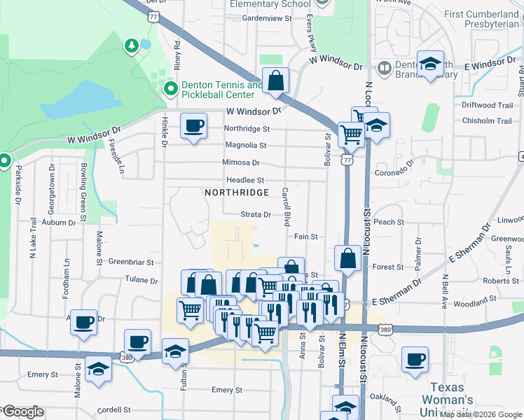 map of restaurants, bars, coffee shops, grocery stores, and more near 444 Strata Drive in Denton