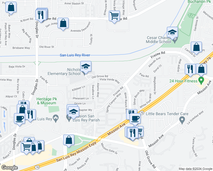 map of restaurants, bars, coffee shops, grocery stores, and more near 4325 Saddlehorn Way in Oceanside