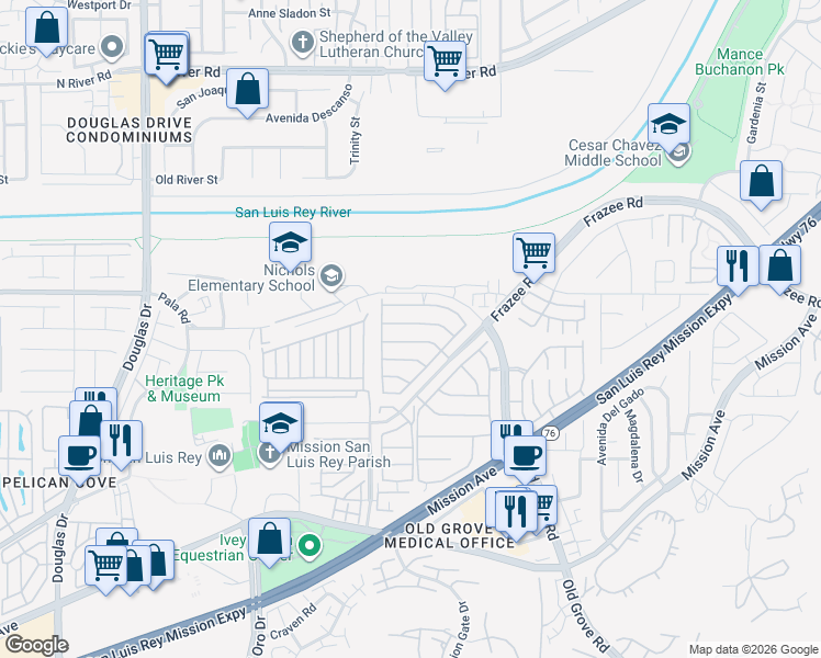 map of restaurants, bars, coffee shops, grocery stores, and more near 4325 Saddlehorn Way in Oceanside
