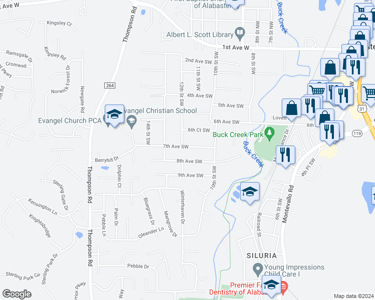 map of restaurants, bars, coffee shops, grocery stores, and more near 1051 7th Avenue Southwest in Alabaster