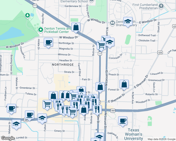 map of restaurants, bars, coffee shops, grocery stores, and more near 2428 Denison Street in Denton