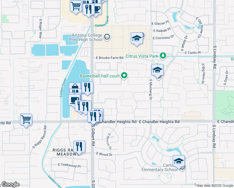 map of restaurants, bars, coffee shops, grocery stores, and more near 3201 E Lynx Pl in Chandler